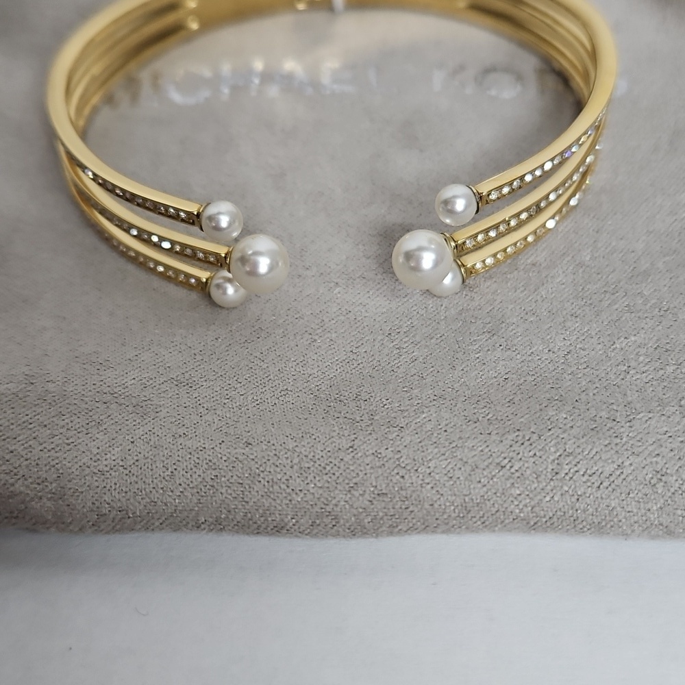 Michael Kors Gold Tone Pearl & Crystal Hinge Bracelet w/ Tags - Picture 3 of 8